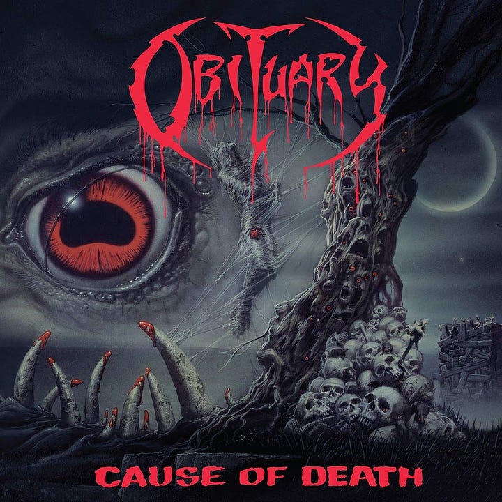 LEFT: Album cover for CAUSE OF DEATH by Obituary featuring the eye from LOVECRAFT'S NIGHTMARE. RIGHT: Album cover for EPIDEMIC OF VIOLENCE featuring human skeletons with Xs on their skulls resting on branches. A winding stair leads to an altar where a dark figure holds a book in one hand and holds it's other hand above its head as if summoning something.