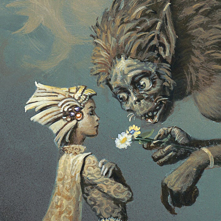 LEFT: Close detail from PRETTY PLEASE featuring a young girl with arms crossed as a monstrous furry creature with eager eyes presents a pair of daisies. Her eyes are pressed shut in silent refusal of the gesture.  RIGHT: Photo of initial paint marks the inspired PRETTY PLEASE. The rough surface is gray and white except for blobs of yellow and brown that suggest a head. The sweeping yellow of the head developed into a sweeping headpiece instead of hair.