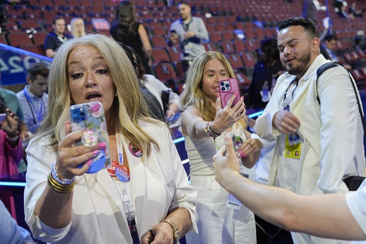 Image 1: Content creators from left, Kerry Robertson, Sari Beth Rosenberg, and Juan Acosta Macias, use cell phones in the United Center. Pablo Martinez Monsivais/AP. Image 2: Content creators were invited to a rooftop party in Chicago paid for by the Hub Project, a progressive nonprofit. Todd Heisler/New York Times. 