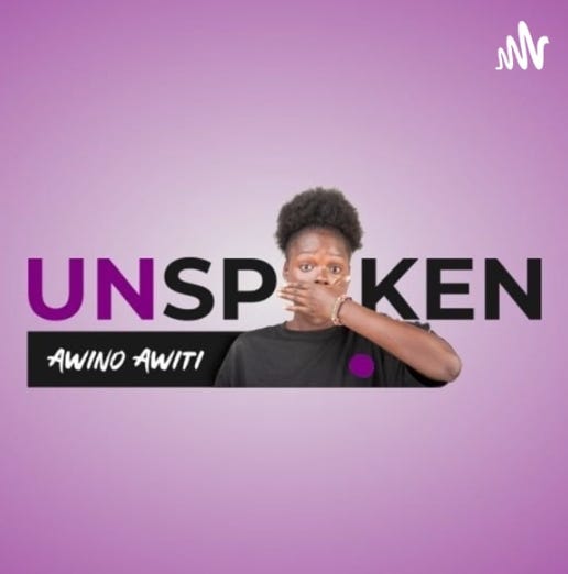 A picture of podcaster covering her mouth and the words 'unspoken awino wait' and a second picture of Awino Awiti a Black woman podcaster holding a microphone
