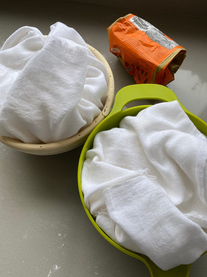 Sourdough in bowls covered with muslin.