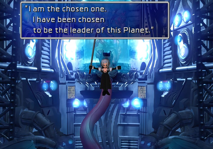 Sephiroth rambling about becoming the planet's ruler together with Jenova.