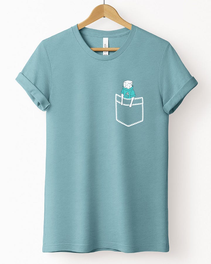 Mockups of an original t-shirt design featuring a human character or a puppy nested in side the illustration of a fake pocket printed on the left chest area.