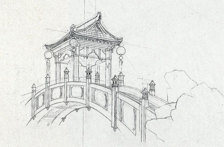 LEFT: Detail from SHONTO'S GARDEN featuring warriors gathering on a bridge arching over calm waters. A pagoda style roof is set atop four pillars at the center of the bridge. Round paper lanterns hang from each corner. A tall figure framed by the pillars has the air of command, his colors inverted with dark robes and a splash of blue over the chest, a contrast to his men who carry spears. They also carry two banners with Kanji characters, one writ in blue and the other red.  RIGHT: An arched bridge is topped with a pagoda style roof set atop 4 pillars.