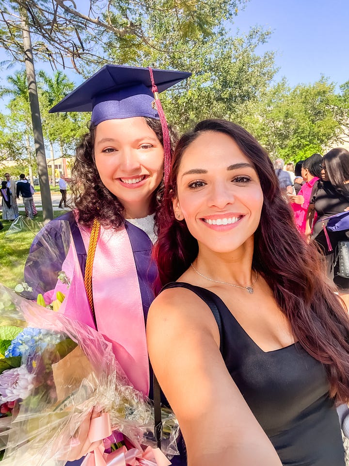 Selfie image of college graduate in cap and gown, holding bouquet of flowers, and smiling next to another smiling woman; image of a toddler in a white baptism dress and shoes.