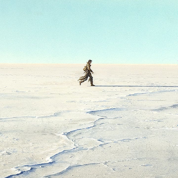 LEFT: Detail from MOHAINE featuring the hardened lines in the alkali desert that wind vein-like back to the gunslinger. RIGHT: Close detail from MOHAINE featuring Roland striding across the barren white desert with his long shadow preceding him. His head barely tops the horizon with the tranquil sky above desaturated cyan.