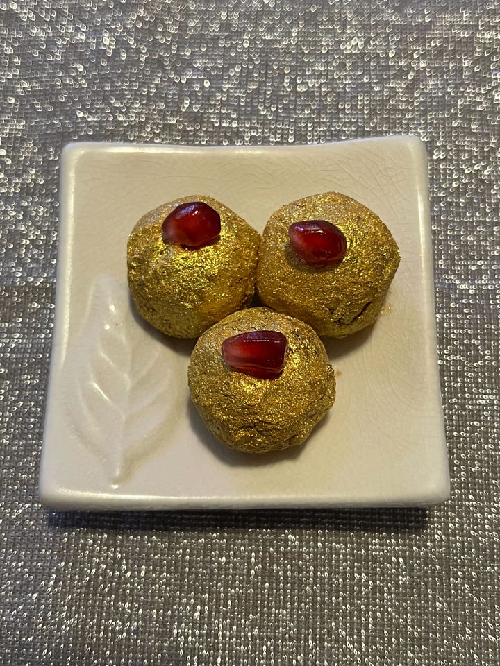 Date, Pomegranate, and Pistachio Bites, one photo gilded with gold and a pomegranate seed on top, the other has date balls rolled in powdered sugar