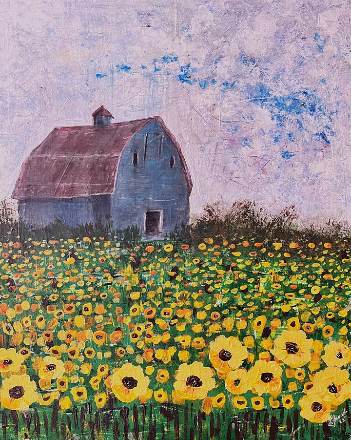 Blue barn photo and Blue barn painting with sunflower field