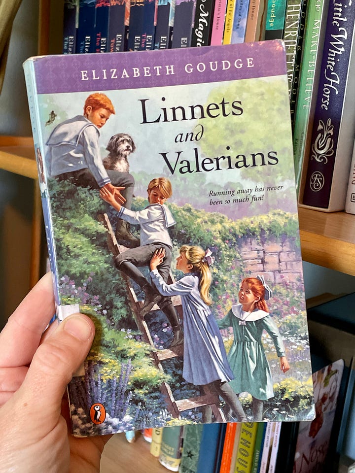 Anna's favorite edition of Linnets & Valerians; her collection of Goudge's children's books by Girls Gone By Publishers; her adult Goudge novels by Hodder Books; and her favorite adult Goudge novel, the Hodder edition of Towers in the Mist