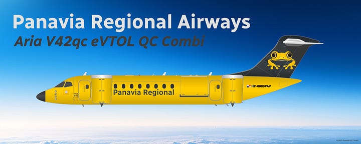 The current Panavia Regional Airlines fleet: 1) Aria V12 VTOL, 2) Aria V42 VTOL, 3) Aria V42qc QC Combi, and 4) Bombardier Dash-8 Q200 - all shown in side view.