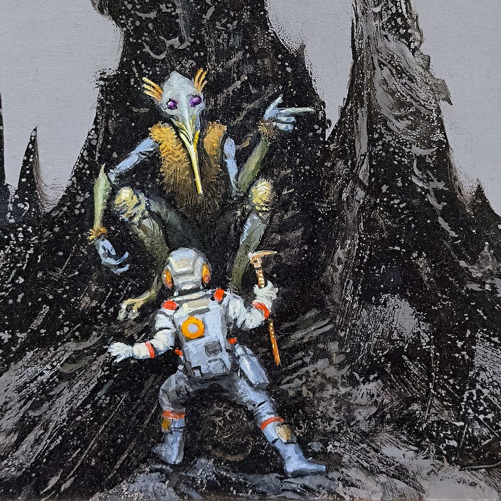 LEFT: Detail from TURN LEFT AT TETHYS featuring an astronaut in spacesuit looking up at an alien who points directions. The long-limbed alien sits on a rock formation with its knees up. It has blue skin, purple eyes and a beaked mouth. A trio orange accents sweep back off each side of its head. It wears a furry orange vest and long arm guards. RIGHT: Detail from TURN LEFT AT TETHYS featuring Saturn with its massive rings hovering in the sky intersected by the top of a black rock formation.