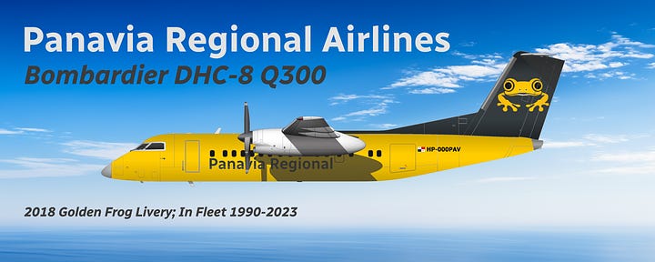 Panavia Bombardier Dash 8 Q300 in 1990-2018 livery (L) and 2018-2023 livery (R), both shown in side view.