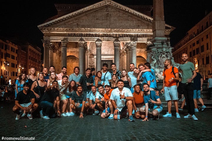 1) An old pic of Bob Dylan because they confiscated our phones during his performance. 2) Me, some crew members, and the cast of the short film I worked on. 3) Call to pitch! 4) My girlfriend and I in front of Rome's Pantheon with a bunch of people we partied with on an Airbnb bar hopping tour.