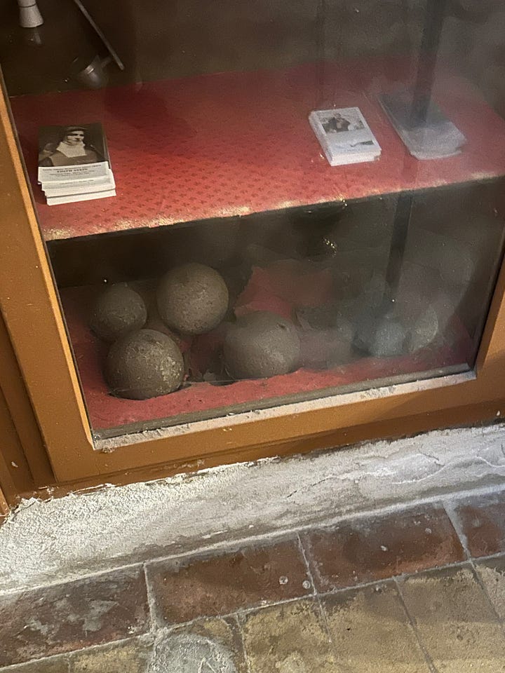 Inside the sacristy of San Pancrazio. 1, pieces of name plates from the catacombs. 2, sculptural fragments. 3, more sculptural fragments. 4, Le Bombe de Napoleon