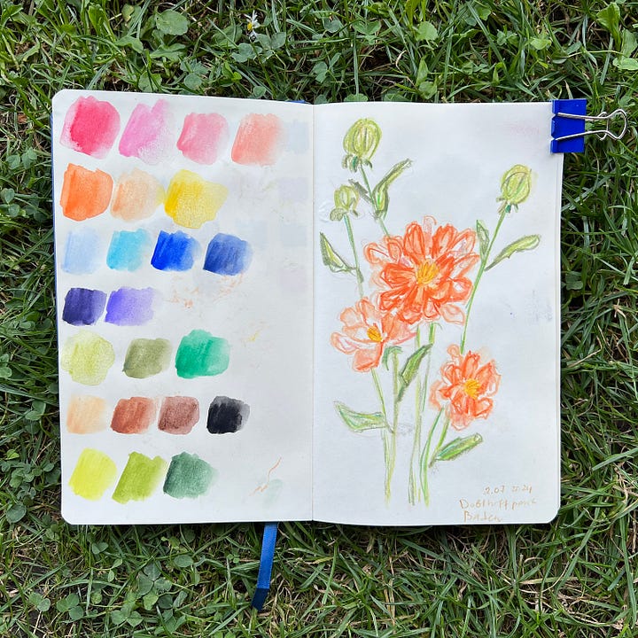 Sketchbook spreads with sketches of flowers and trees made in coloured pencils and crayons.