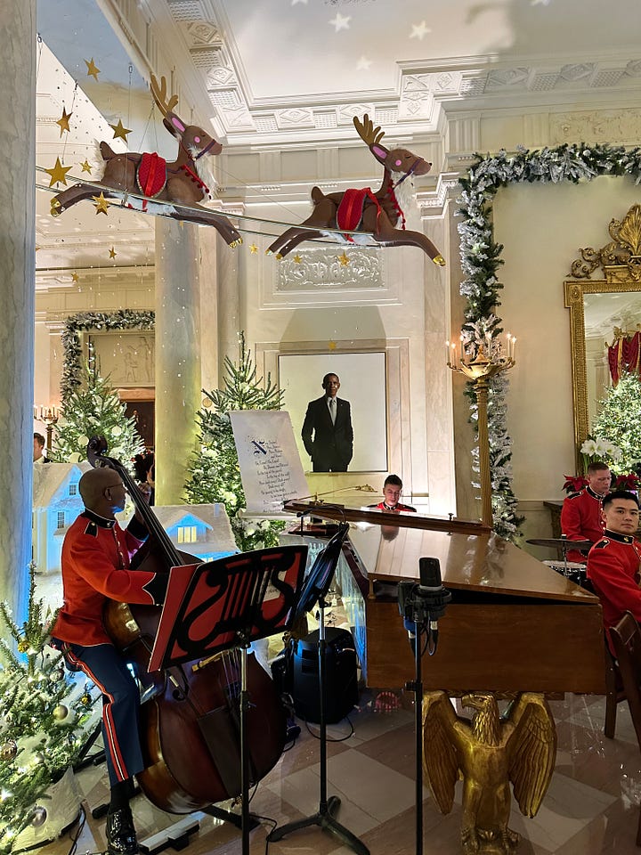 Scenes from Christmas at the White House, 2023: cakes and cookies, a reindeer display, a Christmas tree