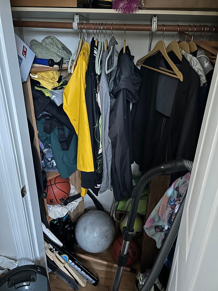 cluttered closet, clean closet, closet organization