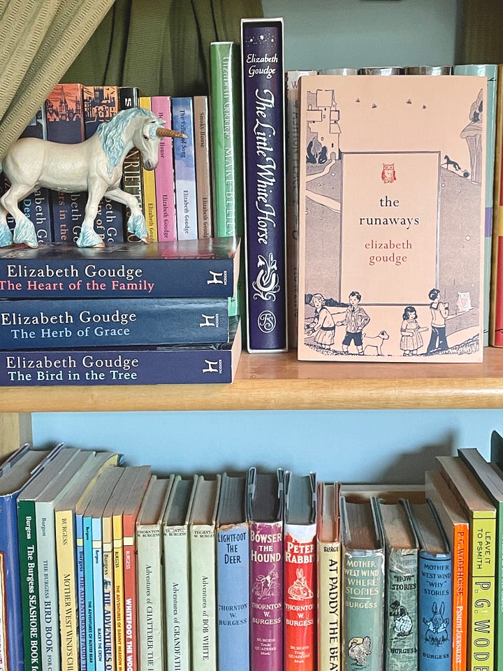 Anna's Folio edition of The Little White Horse, and The Runaways, another title for Linnets & Valerians. Anna's shelf also includes the recipe book, Cherry Cake and Ginger Beer, which contains a few recipes from The Little White Horse! 