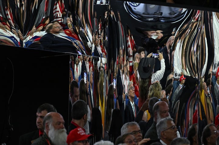 Distorted image in a mirror and a row of people wearing ear bandages at the Republican Convention.