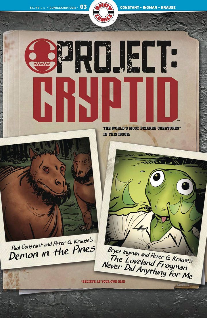 Two covers of Project: Cryptid #3, one featuring interior art from Peter Krause and the other illustrated by Mattie Lubchansky.