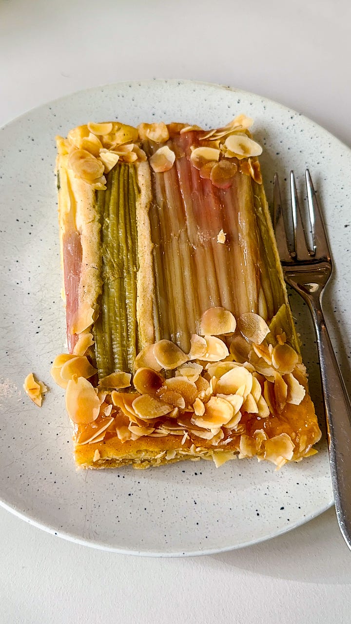 A whole-grain rhubarb and streusel pastry from biokaiser (Mainz), Rhubarberschnecken from Zeit fur Brot (Heidelberg), Rhubarb shortbread thing from liesbeth (Mainz), and a Rhubarb danish from Pâtisserie Charles Schmitt (Colmar)