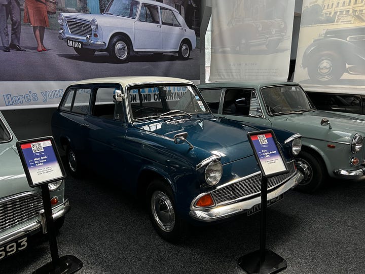 Four photos of cars at The Great British Car Journey. A: 1974 Austin 1300  B: 1968 MG 1300 C: 1968 Ford Anglia Estate D: 1966 Jaguar E-Type Fixed Head Coupe Image: Roland's Travels 2023