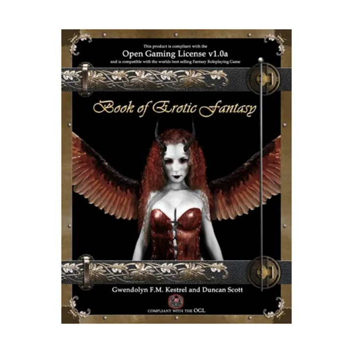 The cover of the Book of Erotic Fantasy. The cover art is a photoshopped photograph of a grey-skinned woman in a corset, on a black background. She has black eyes, grey skin, horns, and feathered wings. The book is accented with leather and gold skeuomorphic trim.