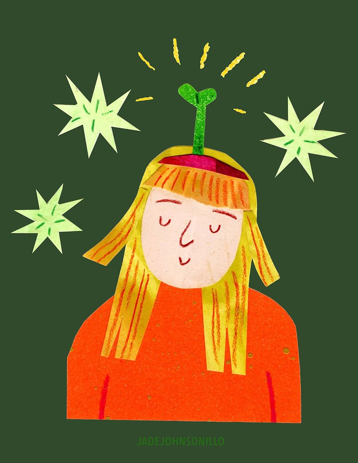 Two images. The right is a photo of a collage. In it, I've collaged a white girl with layered blonde hair wearing a green sprout headband. She's wearing an orange sweater with green stars around her head. The image on the left is the same collage with a forest green background.