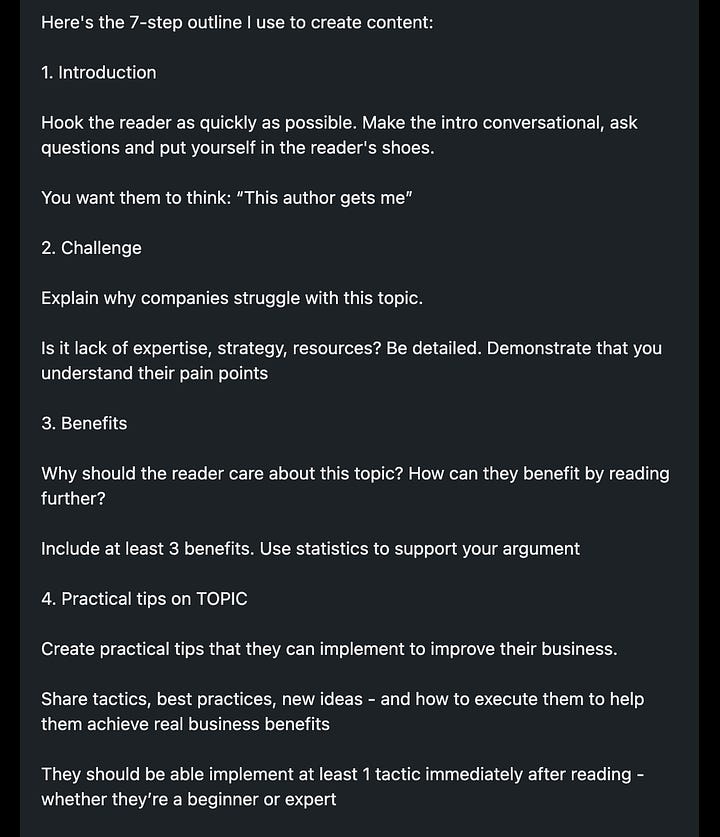 The text of this post includes snippets like: "My blog posts have been read by 9.1 million people No secret: They all use this 7-step outline" and "2. Challenge Explain why companies struggle with this topic. Is it lack of expertise, strategy, resources? Be detailed. Demonstrate that you understand their pain points 3. Benefits Why should the reader care about this topic? How can they benefit by reading further? Include at least 3 benefits."