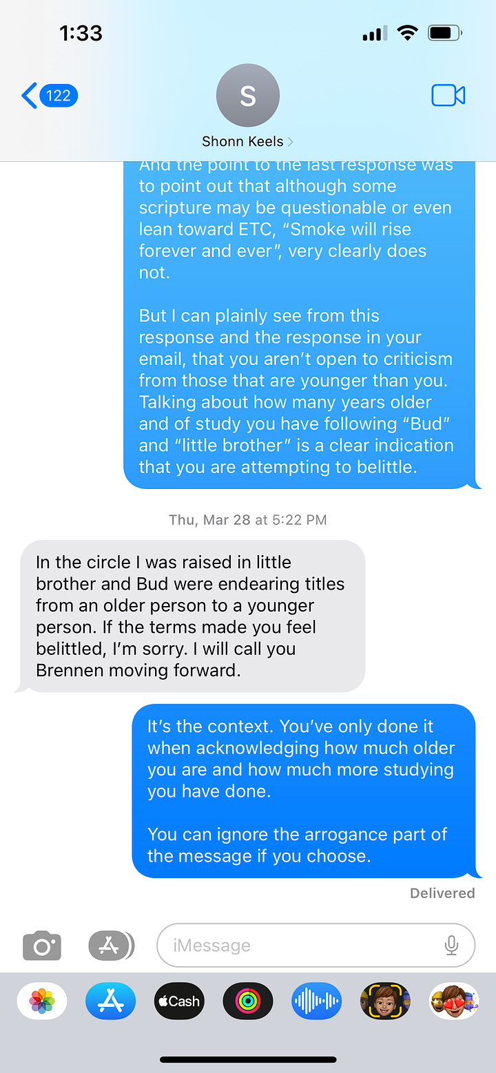 Screenshots of text messages between Dr. Shonn Keels and Brennen Mahaffey