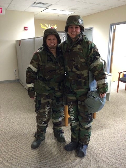 Donna in her dress uniform (left) and with her wingman in a training exercise (right)