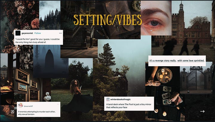 a collage of text and images depicting the setting vibes of the story, a slide with covers i love