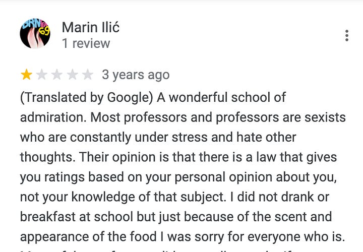 Screenshots of one star reviews of the school from Google Maps