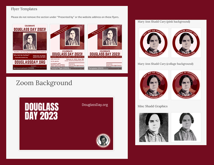 Images of Douglass Day stickers, zoom background, and flyers on red background.