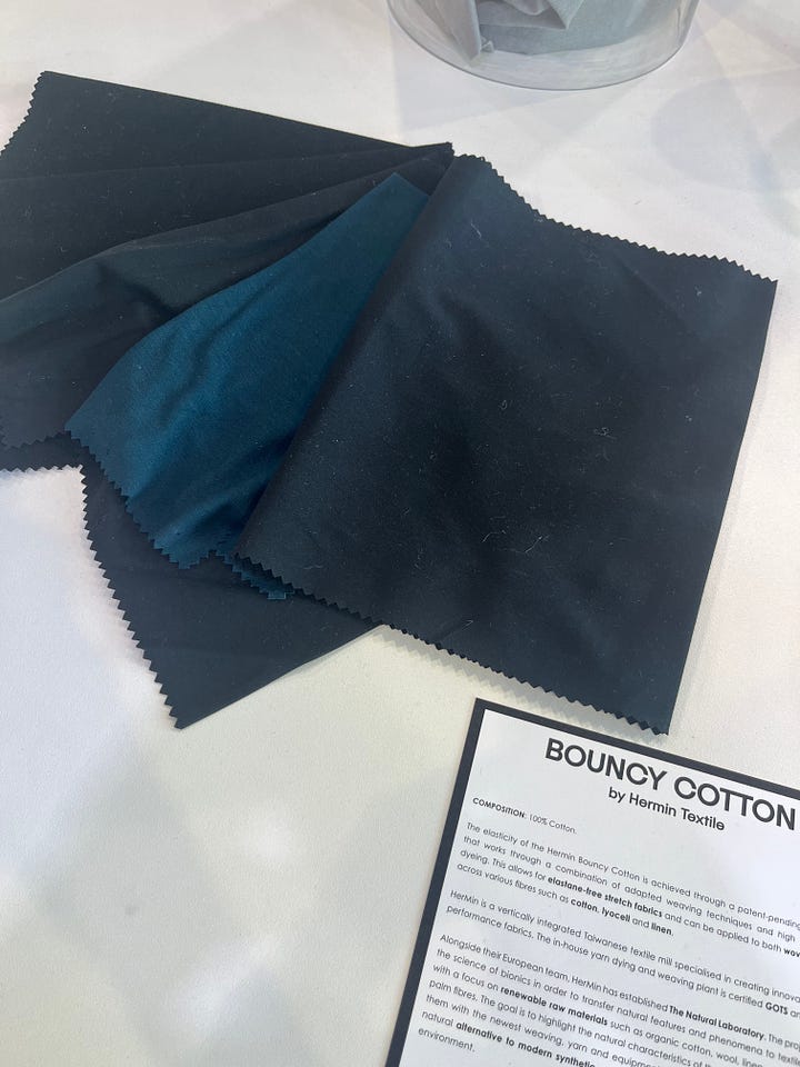 Clockwise from top left: Bouncy Cotton / Nanoloom / innovative laser technology by De Montfort + Loughborough Universities / enzyme-catalysed colouration by De Montfort + Loughborough Universities.