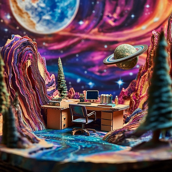 miniature diorama cardboard office workspace with ai collaboration in cosmic and psychedelic landscape