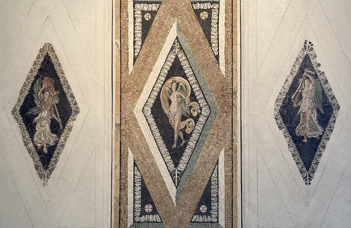 The first mosaic shows four horses with their handlers, the second three female figures and the other two show 3-D illusions