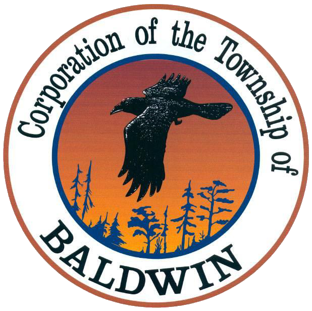 Logos for the Township of Baldwin, and Nairn and Hyman, depicting north woods, a raven, a deer, and a jumping fish.