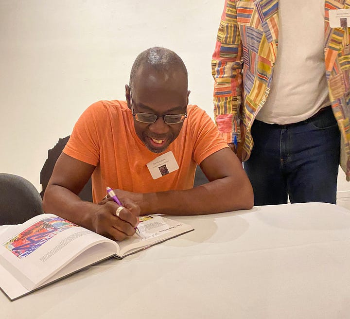 top: 2 photos of copies of the book, Shifting Time African-American Artists 2020-2021 on a table. Bottom: 2 photos of me signing copies of the book at the Woodmere Museum