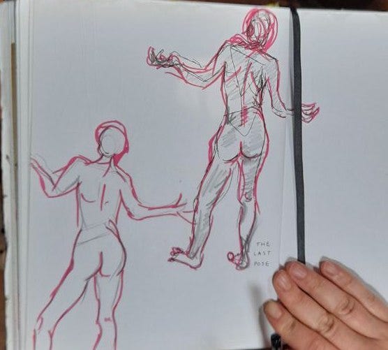 Female life model in poses with props