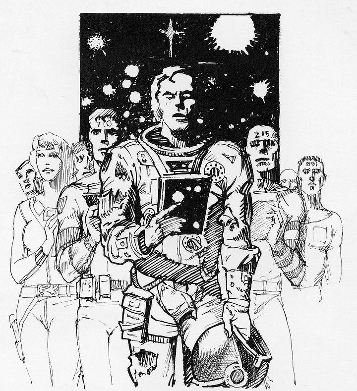 LEFT: Pen and ink sketch for TIME AND AGAIN featuring a man in spacesuit standing at the forefront of a group of people. He holds a book with a space theme on the dark back cover. In his other hand, he holds the bowl shaped space helm. Flanking him on either side are humanoid figures with numbers on their foreheads. Farther left is a trio of more traditional looking men and women. Behind them is a square field of stars, contrasting with details in white on dark. RIGHT: Preliminary concept for TIME AND AGAIN featuring a headshot of a man with headset microphone near his mouth. The left half of his face is flesh tone while the rest is tinted light blue sparkling with starbursts that extend out over a planet next to him. A spaceship flies overhead the top edge. Antique pocket watches, gold trimmed with black faces, hover in the air. In the lower right, a pair of human figures (one male, one female) are fleeing from a robotic figure. On the male’s forehead a number is inscribed in white.