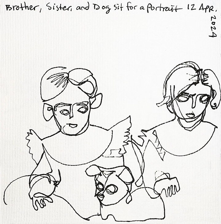 Flour more contour line drawings made from the same antique studio portrait of two young children and their dog.