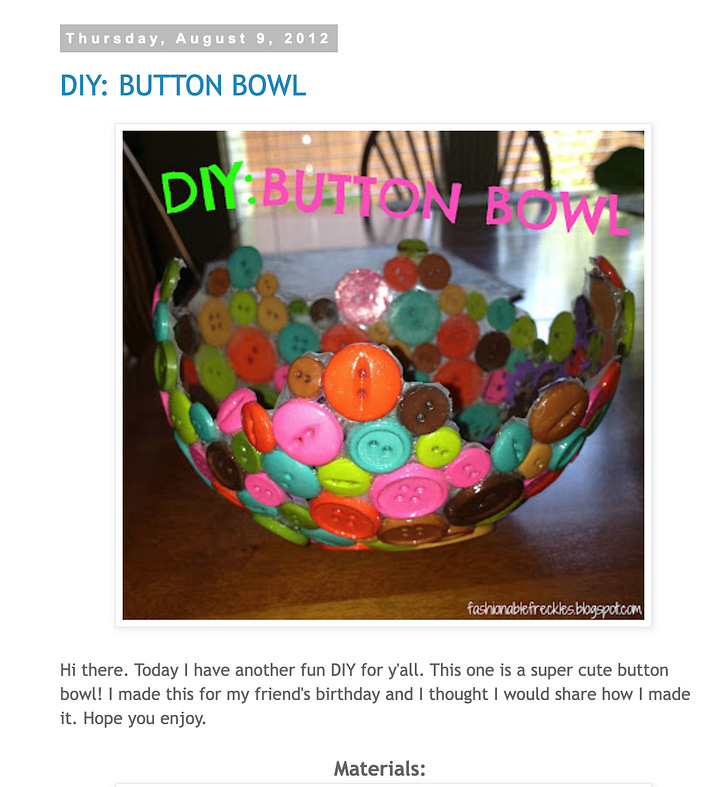 two screenshots of from a different blog posts from 2012. On the left a bowl made from buttons, on the right an outfit picture