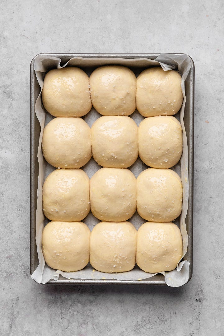 Gallery of stages of making vegan maple-glazed brioche buns seen from above