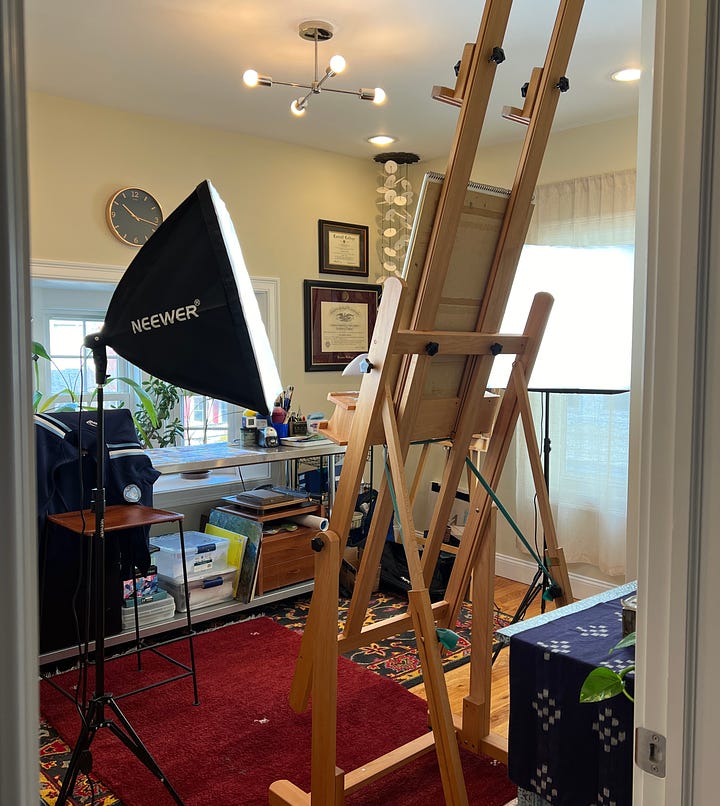 Two images showing the photography set-up inside an art studio for photographing paintings.
