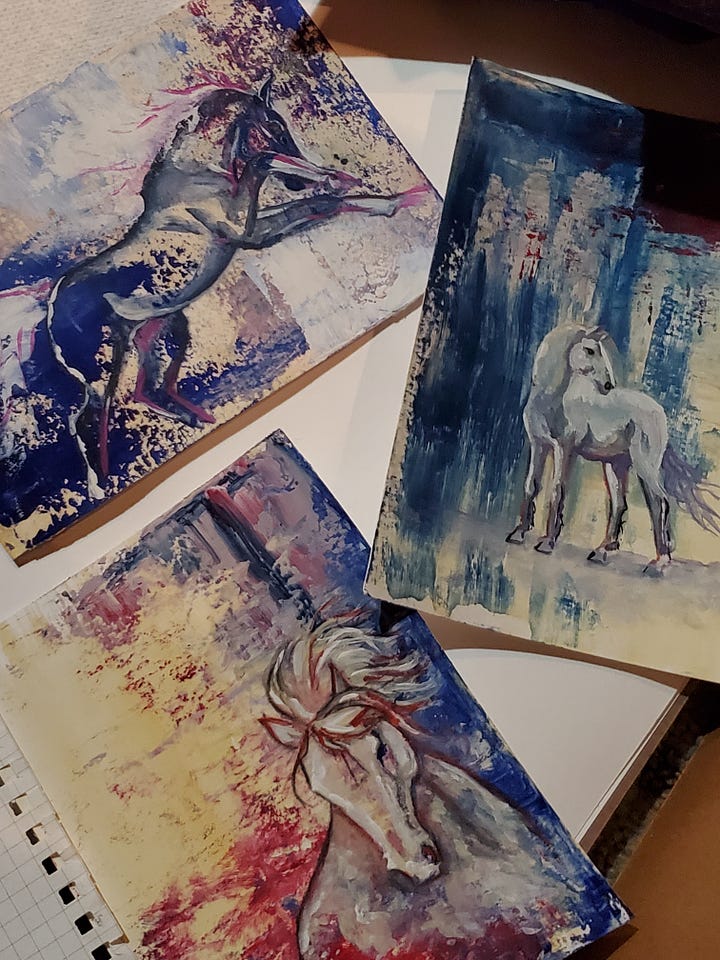 A scattering of small pieces with abstract backgrounds with horses on them. 