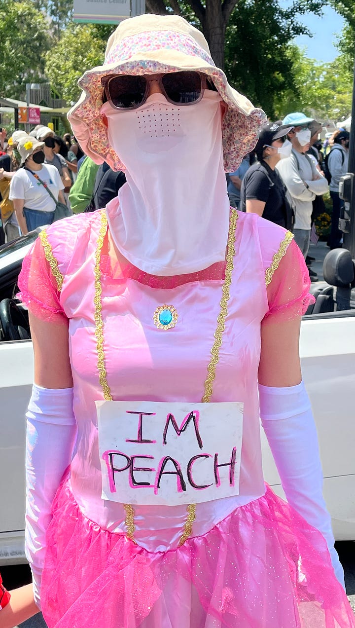 Two photos. One shows a masked woman dressed as Princess Peach. She is wearing a sign that states: "IM PEACH". The other photo shows LA City Hall with a crowd of protestors in front of it.