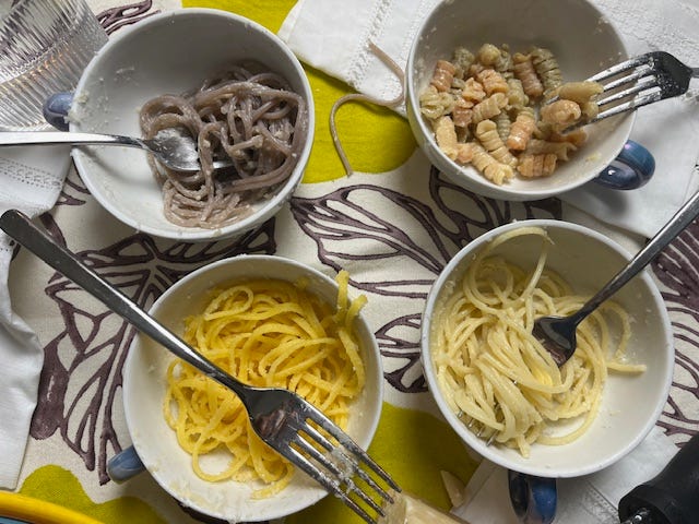 Photo 1 - top L to R clockwise: COOKED buckwheat spaghetti, corn linguine, red lentil, chickpea, and pea fusilli, 'normal' durum wheat spaghetti, corn linguini Photo 2 - UNCOOKED 'normal' durum wheat spaghetti, buckwheat spaghetti corn linguini, red lentil, chickpea, and pea fusilli 