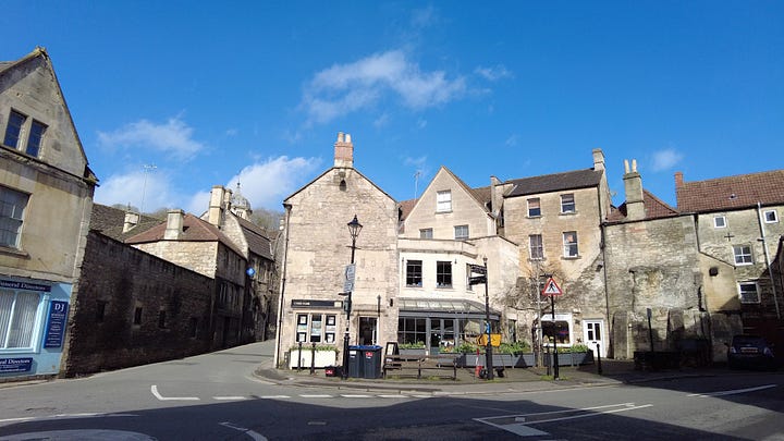 Knees Corner - then and now. Some of the shop was pulled down to make it easier for motorists to see at the junction of Market Street, Bradford on Avon.