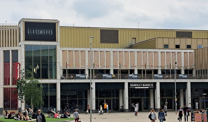 Barnsley Market exterior, The Glass Works. Interior wide, close ups of savoury duck and butchers counter showing cow heel